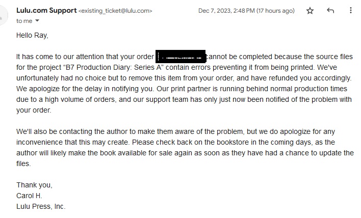 RayYorkie999's tweet photo. @cult_edge Looks like there are printing issues. Just got an email from Lulu: https://t.co/Ak2I0am59c