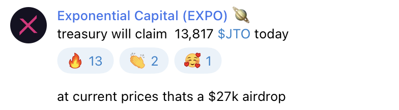 CryptoRiciooo's tweet photo. Missed the $JTO airdrop? Luckily I hold $expo and the treasury was able to claim 13817 $JTO. Best to hold $expo if you can't be on top of things.  @EXPO_Capital https://t.co/HgDqXi4q4Y