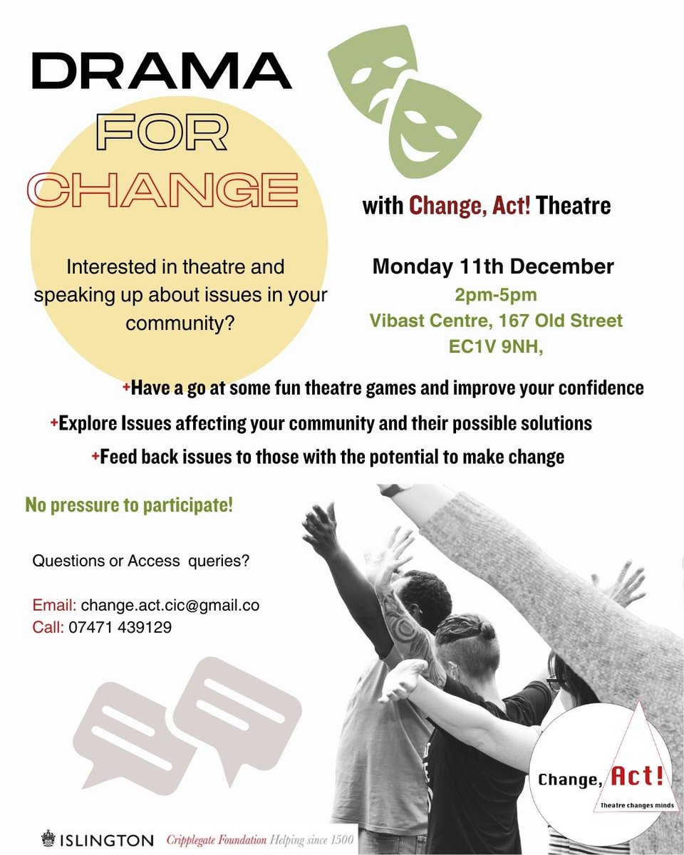 Excited for our new Inclusive Facilitation through Theatre project stars to be running their first 'Drama for Change' workshops next week.
The first one at The Vibast Centre, 167 Old Street is on Monday 11th December 2pm-5pm, open to all and free to attend

#theatre #disability