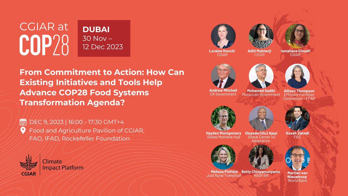 CGIARclimate's tweet photo. 🌐 Join CGIAR Climate Impact Platform on Dec 9 at #COP28 to explore key approaches for international collaboration to build resilient, sustainable, and equitable food systems. https://t.co/EJpfkG7Wh6
#OneCGIAR #FoodandClimate #AgrifoodPavilion https://t.co/rGA5mGQkbT