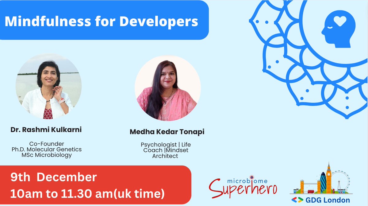 gdg_london's tweet photo. 🧘‍♂️ Join us for a transformative Mindfulness session for developers, in collaboration with @gdg_london and @SuperMicrobiome!

🌟 Discover stress relief techniques and explore the connection between gut health and mental well-being. Don't miss out on this insightful event! https://t.co/nsty0SnRKu