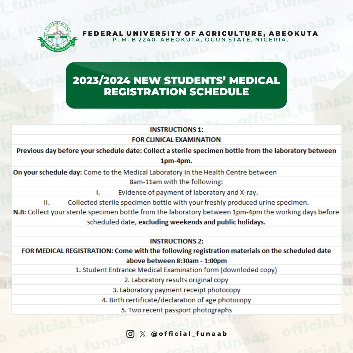 official_funaab's tweet photo. 🌡️ Calling all newly admitted students! Your health is a priority. Check out the Medical Registration schedule and ensure a smooth start to your academic journey. 🩺💙 #FreshmenHealth #MedicalRegistration #FUNAAB https://t.co/yRgVO0Cs5r