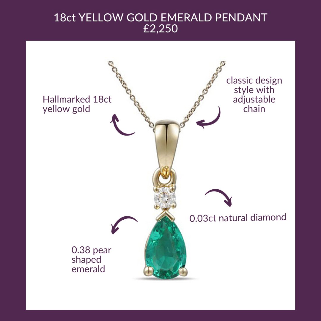 An 18ct yellow #gold pear-shaped emerald + round diamond pendant on an 18ct yellow gold adjustable length chain. #Emerald weight: 0.38ct. Diamond weight: 0.03ct. Beautiful! ow.ly/5sRm50QftGv