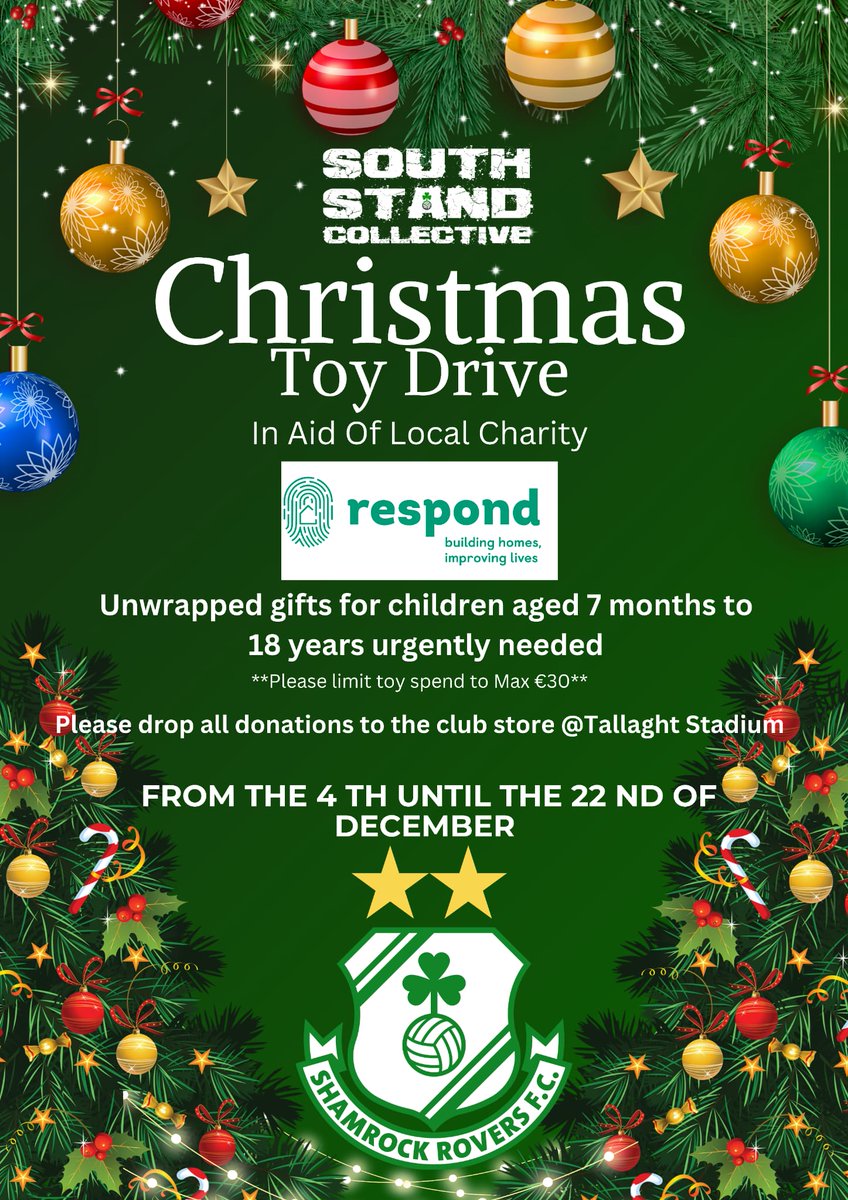 Part 2! @SouthStandColl are having a toy drive! All details below, anyone who donates get entered into a draw for Dinner, Breakfast, Cinema tickets and a nights stay in Maldron Tallaght! #Christmas @ShamrockRovers Go fund me link here gofund.me/49ee04b5