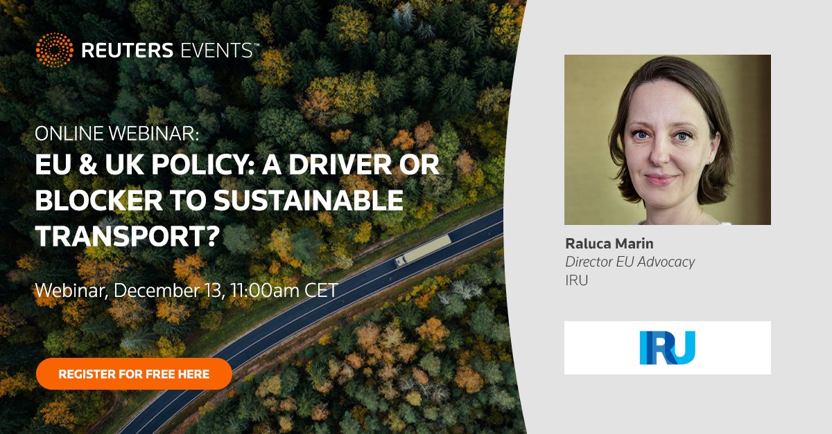 IRU (@the_iru) on Twitter photo Online <a href="/reutersevents/">Reuters Events</a> webinar
Our EU Director, <a href="/ralucamarian/">Raluca Marian</a>, will discuss the challenges and opportunities facing road transport #decarbonisation.
📆 Wednesday 13 December (11:00am CET)
Register now ➡️ go.iru.org/xz Online <a href="/reutersevents/">Reuters Events</a> webinar
Our EU Director, <a href="/ralucamarian/">Raluca Marian</a>, will discuss the challenges and opportunities facing road transport #decarbonisation.
📆 Wednesday 13 December (11:00am CET)
Register now ➡️ go.iru.org/xz
