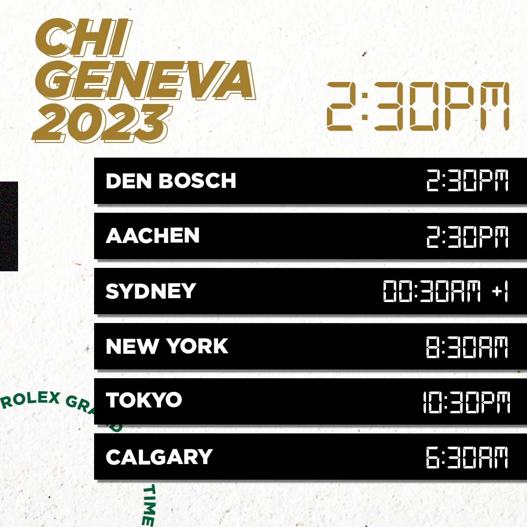 RolexGrandSlam's tweet photo. The Rolex Grand Prix in @CHIGeneve will take place on Sunday at 2.30 PM. 🏆
Here are the different time zones so you don't miss any of the action on Sunday! ⏰
#JumpIntoHistory #RolexGrandSlam #TheCommitmentOfALifeTime #showjumping #chig #chigeneva https://t.co/FQh7xhNc0d