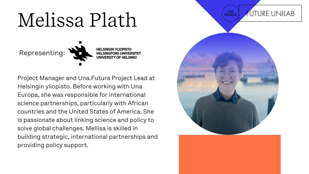 Una Europa Future UniLab (@future_unilab) on Twitter photo Meet the <a href="/Future_UniLab/">Una Europa Future UniLab</a> #SteeringCommmittee Representative from <a href="/helsinkiuni/">University of Helsinki</a> 🇫🇮
<a href="/Mel_Plath/">Melissa Plath</a> associates the think-tank with this quote 👉 “Thoughts are divine.” ― Virginia Woolf, Orlando
Bio↩️ Meet the <a href="/Future_UniLab/">Una Europa Future UniLab</a> #SteeringCommmittee Representative from <a href="/helsinkiuni/">University of Helsinki</a> 🇫🇮
<a href="/Mel_Plath/">Melissa Plath</a> associates the think-tank with this quote 👉 “Thoughts are divine.” ― Virginia Woolf, Orlando
Bio↩️