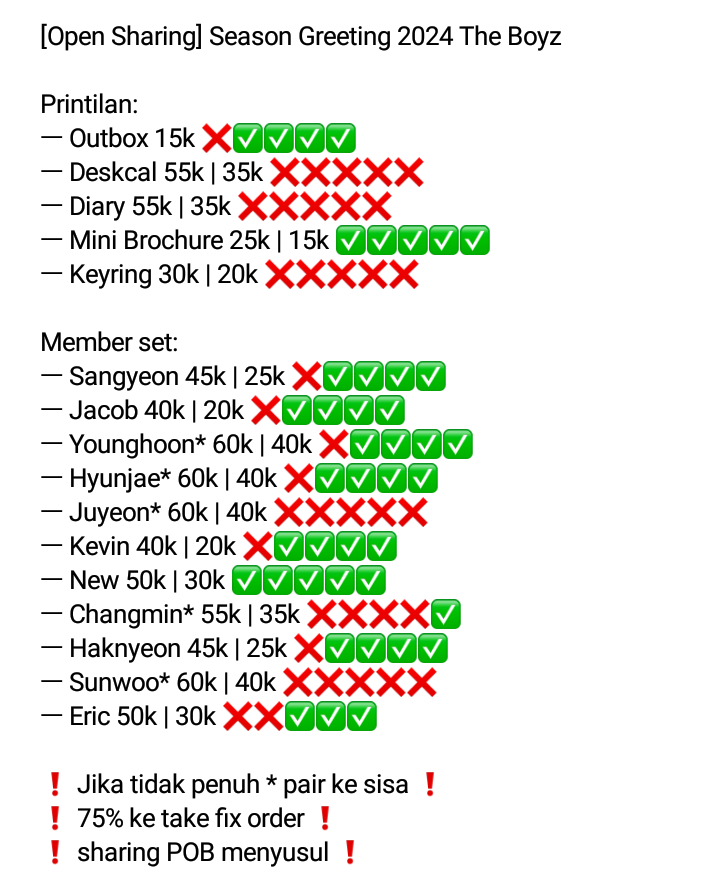 raatotheraa's tweet photo. Bii yuk sharing sg24 bareng akuu

Update [Open Sharing] Season Greeting 2024 The Boyz

💰 Price on pict
❗ * Pair ke sisa jika tidak penuh
✔️ Bersih INA
❌ Packing
📍 Jatim

T. Wtb wts wto sg24 tbz hyunjae younghoon sunwoo changmin juyeon new eric sangyeon haknyeon jacob kevin https://t.co/1TBmFqPlsF
