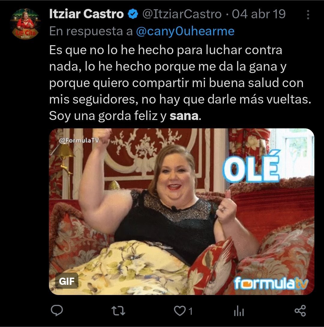 Ha fallecido Itziar Castro actriz y activista contra la "gordofobia", a los 46 años de un infarto mientras hacía deporte en una piscina, practicando para un rodaje. 

La obesidad no puede ser romantizada, es un gran problema y decirlo no te convierte en gordofobico.