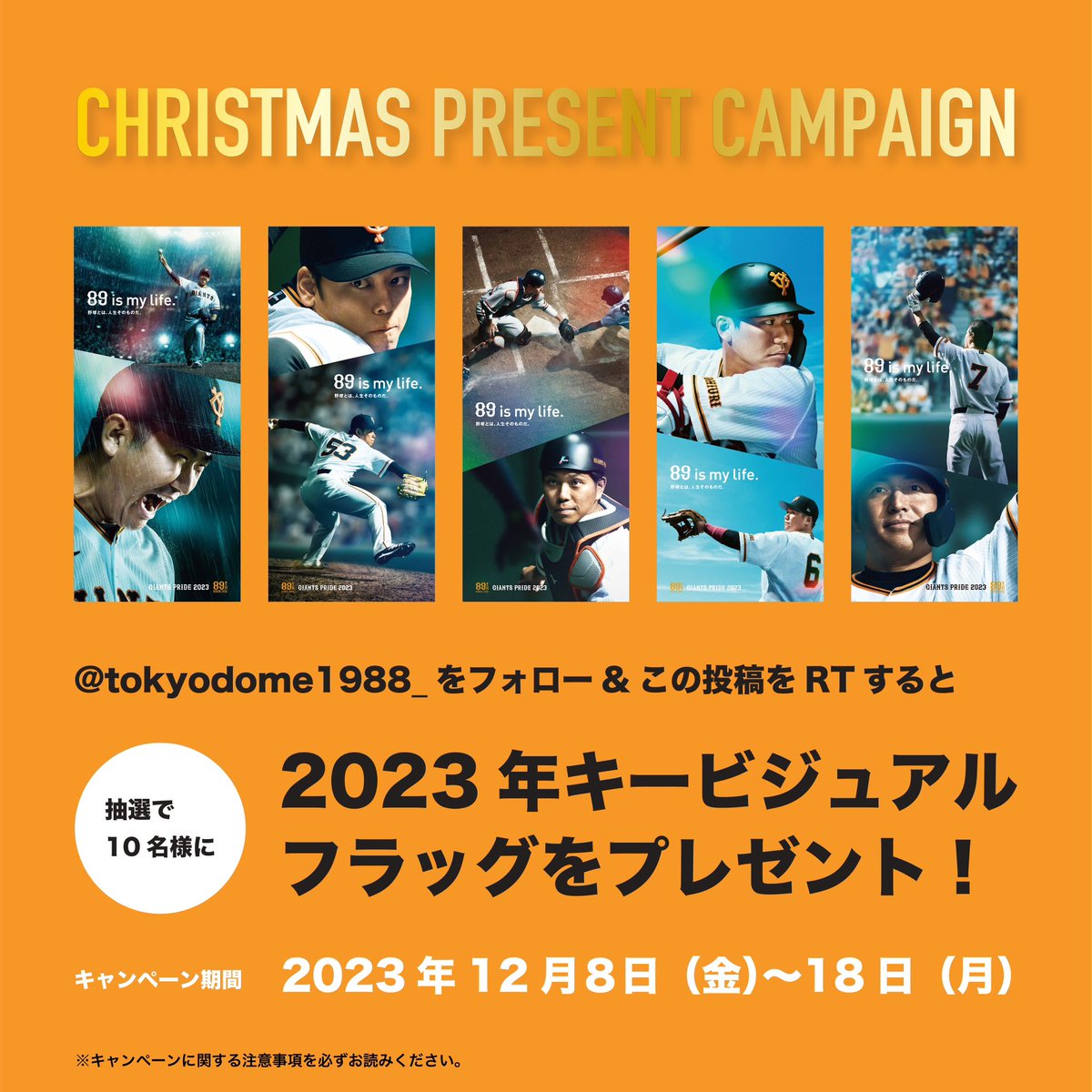 tokyodome1988_'s tweet photo. ／
1年間、応援ありがとう！
#クリスマスプレゼントキャンペーン🎄
＼

シーズン中に #東京ドーム で掲出されていた、
#2023年キービジュアルフラッグ を
抽選で10名様にプレゼント🎁
※種類の選択はできません

①@tokyodome1988_ をフォロー
②この投稿をリツイート

応募締切：12月18日（月）23:59 https://t.co/gqTwMRTM61