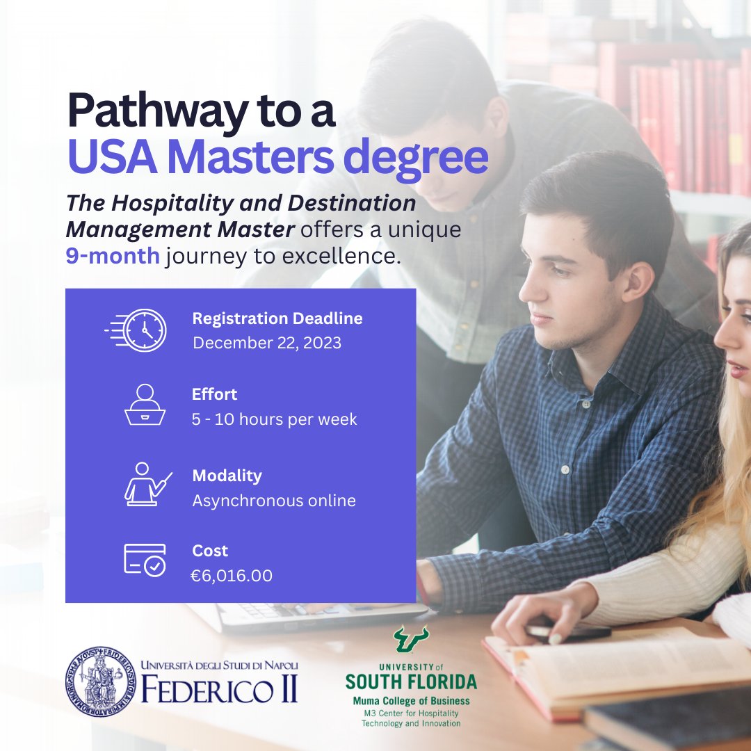 AcademiaCentra4's tweet photo. The Hospitality and Destination Management Master is a unique 9-month online program, perfect for graduates, professionals, and entrepreneurs eager to learn trends and challenges of hospitality and F&B management.

Benefit from a blend of theory and practice, culminating in a 3-month practical internship. Plus, you can seize the opportunity for further study at the University of South Florida with scholarships and tuition waivers. 

After completing the 9-month master's, students can transfer their credits to the University of South Florida (USF). This allows you to complete an additional year at USF and obtain your master's degree, effectively reducing a two-year program to just one additional year at USF. 

Ready to step ahead in the hospitality game?

Contact us at hm.master@unina.it for more details.

Explore more at https://t.co/LunWYyxY31 

#HospitalityMasters #OnlineEducation #CareerGrowth