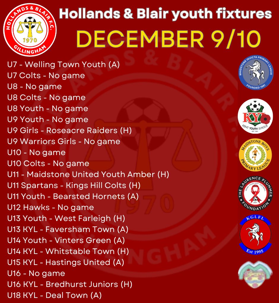 handbfcyouth's tweet photo. Good luck to all the fantastic @hollandsblairfc youth sides in action this weekend ⚽⚽⚽⚽🔴⚪🔵🟡 @KentYouthLeague @KGLFL @PrimaryLge @InvictaLge https://t.co/czFKF6y5cZ
