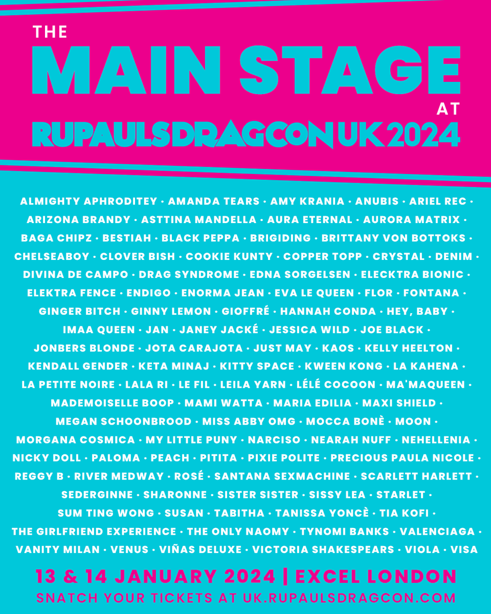 The BIGGEST Main Stage line-up in #DragCon HERSTORY 👑🚨 Who’re you excited to see turn it out next month? 

🎟 Tickets on sale NOW at rupaulsdragcon.com
📍 @excellondon
🗓 13 &amp; 14 January 2024
