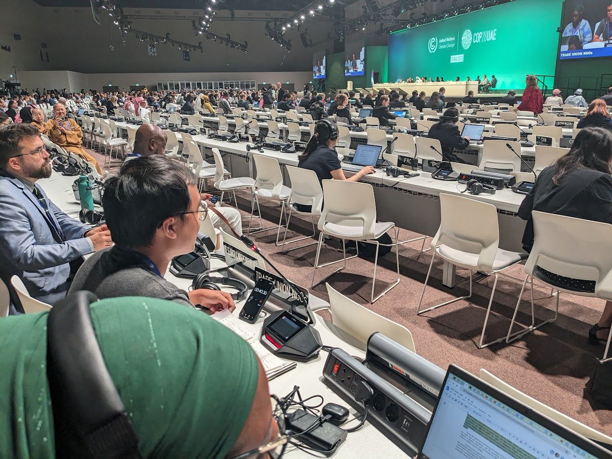 BertDeWel's tweet photo. Dear Chair #DrSultanAlJAber, starting the 2nd negotiation week @cop28 #TradeUnions demand the respect of human &amp; workers' rights, gender equity and the rights of indigenous peoples. Deliver a labour focused #JTWP @KaBenjj @SENTROlabor @ituc @itucasiapacific #Unions4JustTransition https://t.co/fGCnMzOLqj