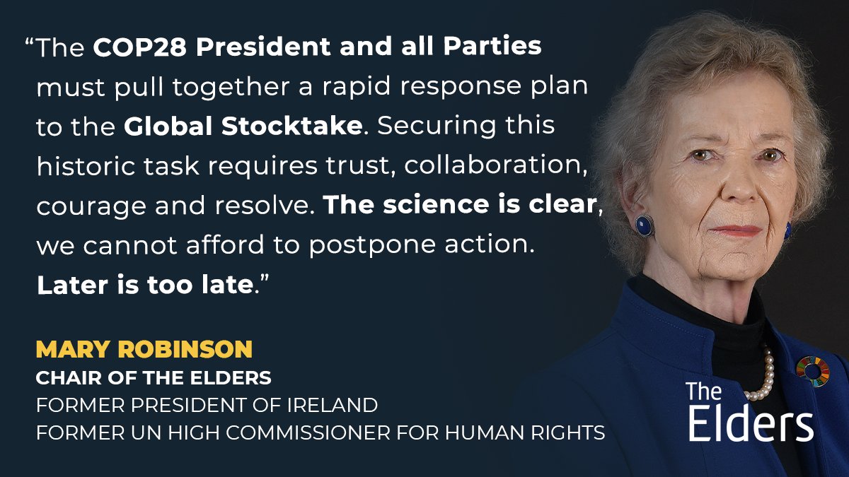 Mary Robinson joins leaders across sectors to call for urgent fossil fuel phase out at #COP28. 

“At this critical juncture, I stand united with leaders from business and industry, young people, mayors, governors, faith leaders, and others urging countries to collaborate in order