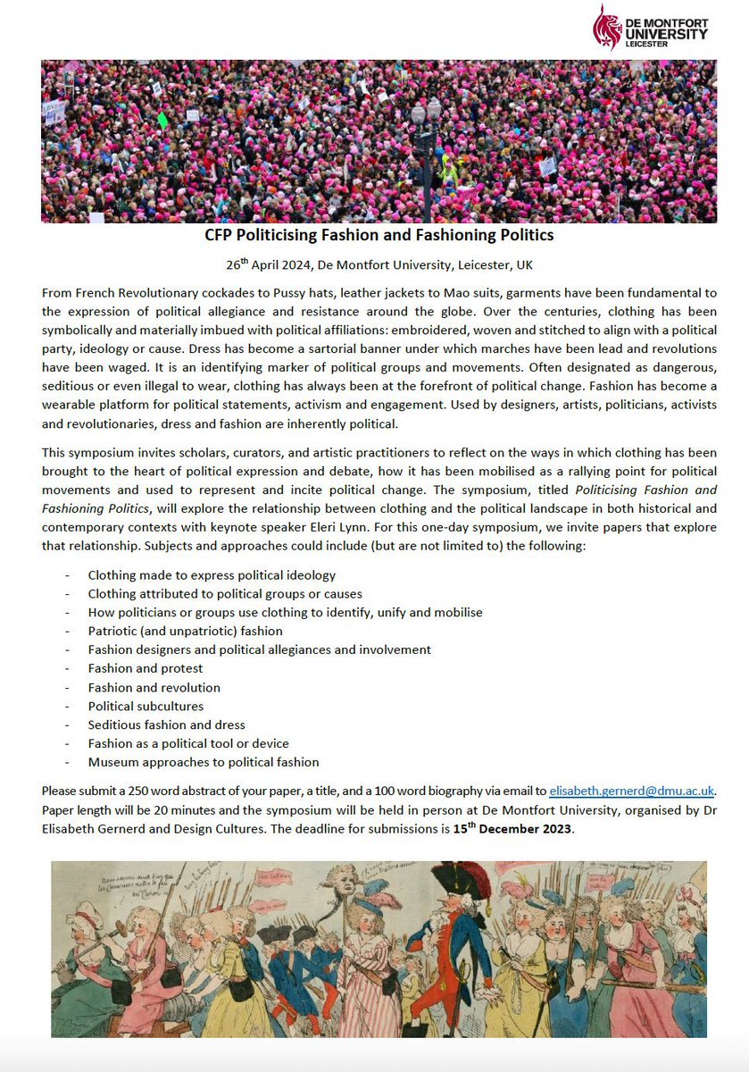 🚨One week left!🚨Submit your abstracts for Politicising Fashion and Fashioning Politics, a one-day symposium at De Montfort University exploring political dress and fashion. Keynote speaker: Eleri Lynn. Due Date 15th December 2023!

#fashionhistory #dresshistory #fashionstudies