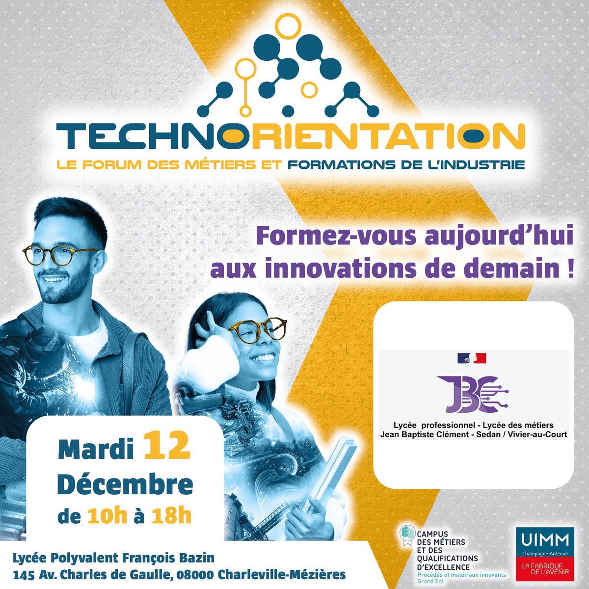 Focus Formation
<a href="/lyceejbClement/">Lycée Jean-Baptiste CLÉMENT</a> 
Formez-vous aujourd'hui aux innovations de demain !

Nous accueillons des apprenants en formation initiale scolaire, en apprentissage et en formation continue et préparons aux diplômes du CAP au BTS

Rendez-vous à Technorientation⬇️