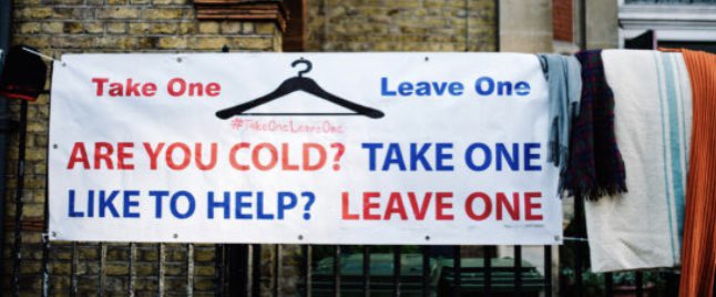 Happening today!

The “press launch” for #TakeOneLeaveOne winter warm clothes initiative 

Coming to a street near you…

12 - 2pm Vauxhall station (the underpass) 

Come &amp; pick up a free TOLO banner (or DM me) &amp; set up a rail where you are