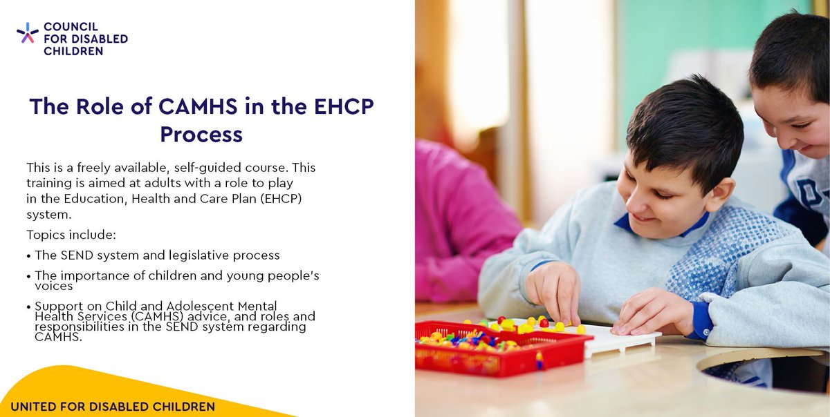 CDC_tweets's tweet photo. Sign up to complete our e-learning course: The role of CAMHS in the EHCP process. Topics include: the importance of children & young people’s voices, support on CAMHS advice and roles & responsibilities in the #SEND system regarding #CAMHS. https://t.co/i2zwT5rYZs #SENDTraining https://t.co/QhJBp1DJBn