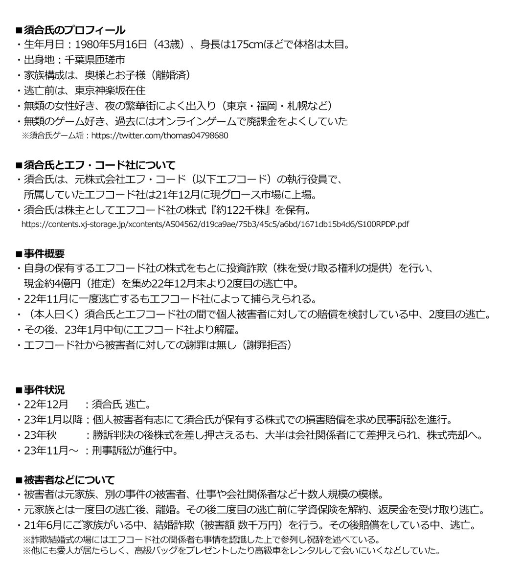 VentureScam's tweet photo. 【拡散求む／元上場ベンチャー企業の執行役員による投資詐欺】
--------
・犯人は元��式会社エフコード執行役員  #須合聡
・エフコード社の上場株式を用いて現金数億円を集め、現在逃亡中。
・元家族の学資保険を解約、返戻金を受け取り逃亡。
・女癖が酷く、投資詐欺とは別に結婚詐欺も。
・エフコード社から個人被害者への謝罪は断固拒否…など。  
--------

適宜情報をアップしてまいります。
逮捕に向け情報拡散・情報提供など皆様のご協力をお願い申しあげます。

#投資詐欺 #投資情報 #スタートアップ #ベンチャー #詐欺撲滅