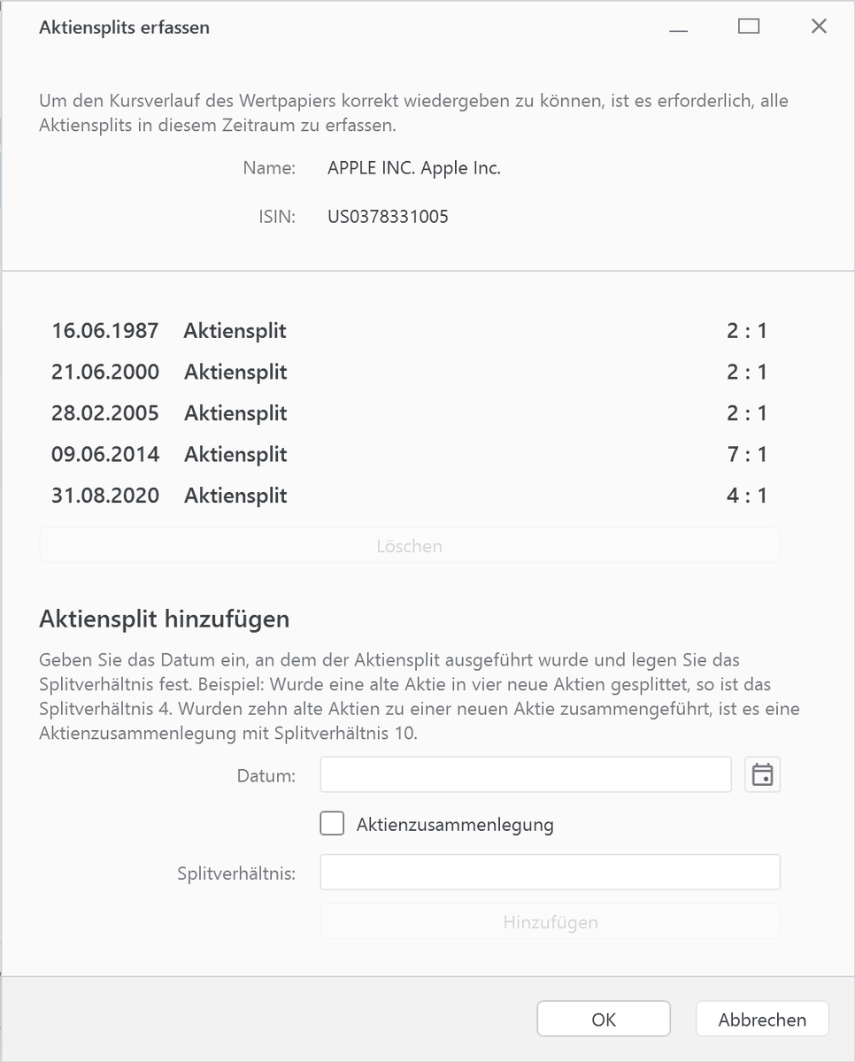 📰 Für eine korrekte Darstellung des Aktienkursverlaufs können im nächsten Banking4 Release Aktiensplits erfasst werden.