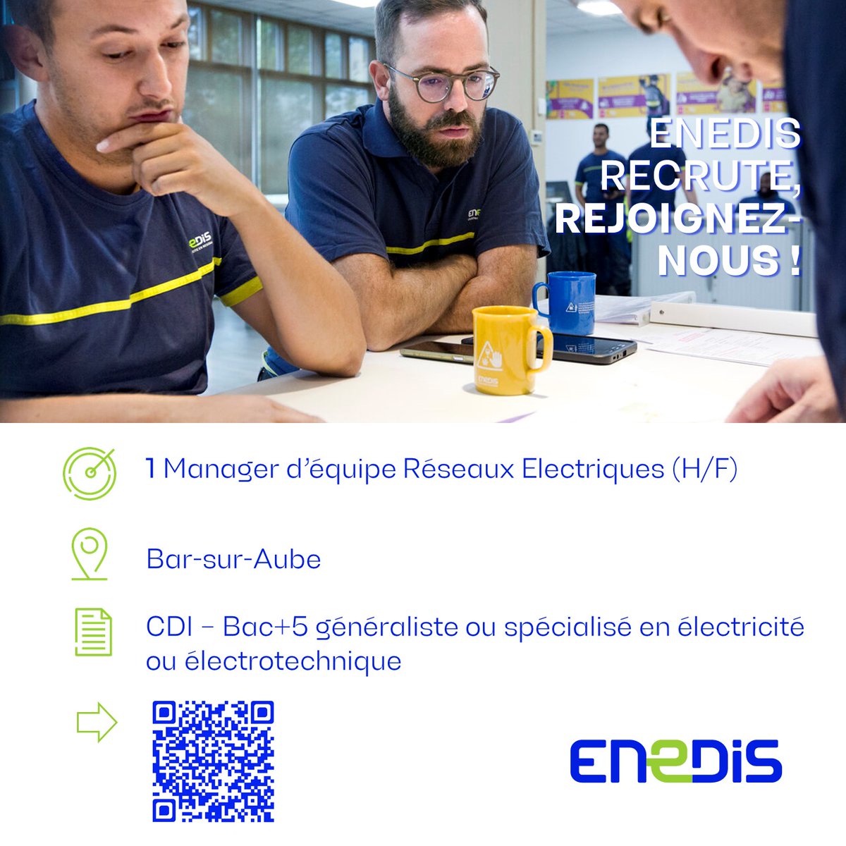 📣Dans l'#Aube, Enedis #recrute en #CDI à Bar-sur-Aube! 
👷🏻‍♀️👷🏻‍♂️Managez et faites grandir une équipe technique au cœur des transformations du réseau électrique ⚡et de la transition écologique 
🤝🏻 Rejoignez la #TeamFranceElectrique d'<a href="/enedis/">Enedis</a> 
<a href="/chrispatrois/">Christine Patrois</a>