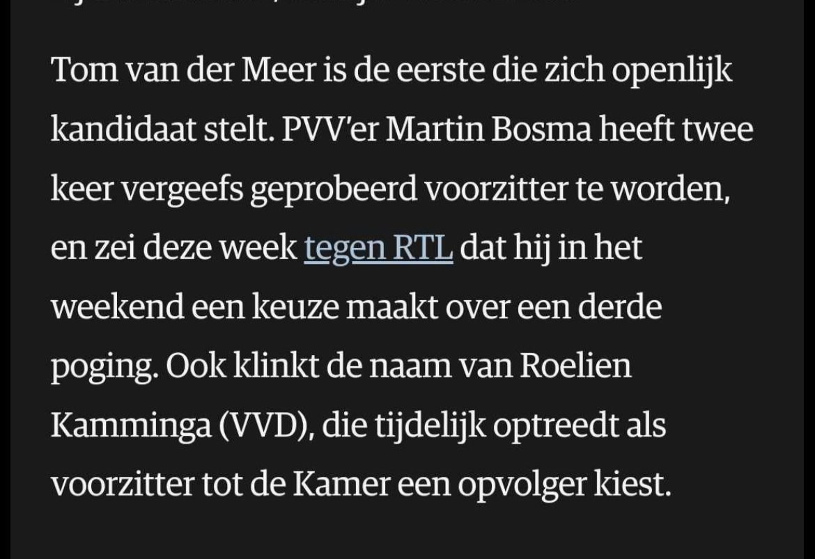Simon Otjes (@simonotjes) on Twitter photo Ik steun de kandidatuur van <a href="/TomWGvdMeer/">Tom van der Meer</a> als Kamervoorzitter van harte:
1) Hij is niet fractie-gebonden en politiek neutraal.
2) De debatten zullen inhoudelijker worden.
3) De kans dat leden zullen spreken over peilingen zonder de foutmarge te noemen zal 90 tot 95% kleiner worden Ik steun de kandidatuur van <a href="/TomWGvdMeer/">Tom van der Meer</a> als Kamervoorzitter van harte:
1) Hij is niet fractie-gebonden en politiek neutraal.
2) De debatten zullen inhoudelijker worden.
3) De kans dat leden zullen spreken over peilingen zonder de foutmarge te noemen zal 90 tot 95% kleiner worden