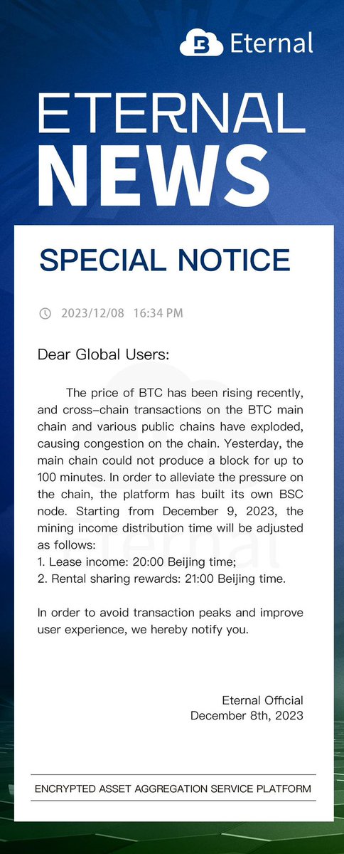 Eternal_1913's tweet photo. since December 9, 2023, the release time of mining income has been adjusted as follows: 1. Rental income: 20:00; 2. Rental Sharing Bonus: 21:00 Beijing time. In order to avoid the trading peak and improve the user experience, we hereby inform you. https://t.co/OGgUO1ciDQ