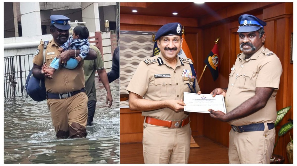 🌀 #Michaungcyclone 🌀 🚣🚜🛟 Dayalan is working in Thuraipakkam Police Station. He rescued people from low lying areas and also comforted the victims. A viral photo holding the baby girl in his arms and smiling, which touched the hearts of many people. Dayalan is a true hero…