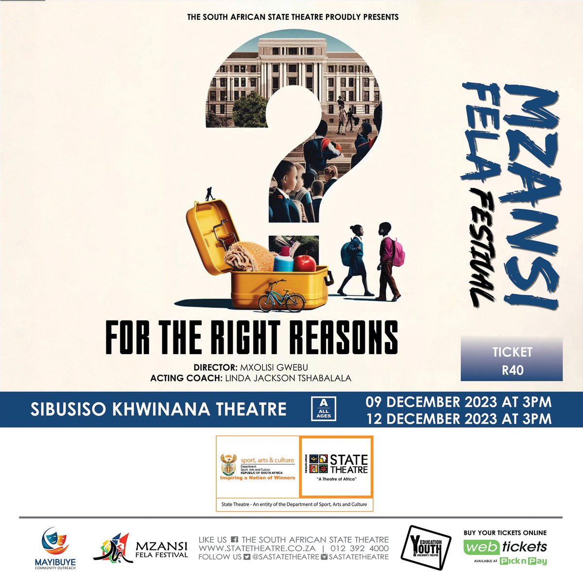 SportArtsCultur's tweet image. State Theatre is filled with theatrical dance, acting and musical performances this weekend. Catch Emasisweni, For The Right Reasons and Montlenyane all playing from 8 - 12 Dec 2023

State theatre is an agency of the Department of Sport, Arts &amp;amp; Culture. 
#StateTheatre #DSACAgency