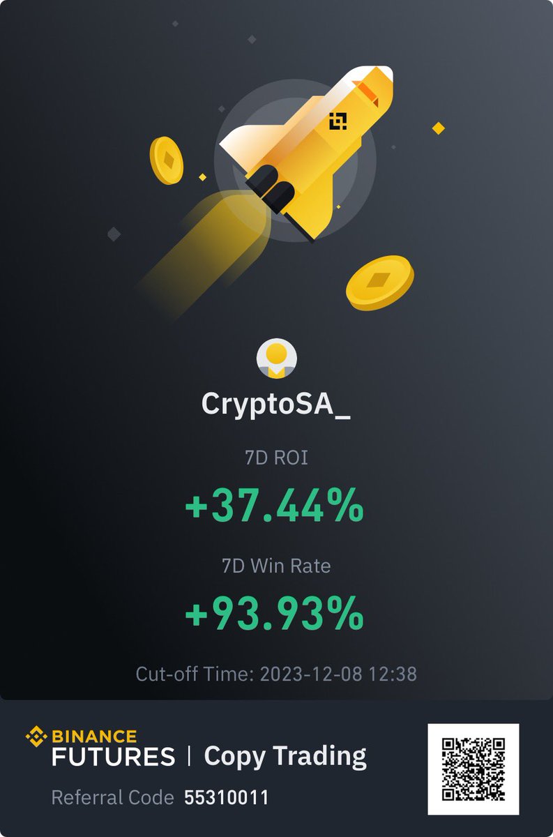 37% ربح ✅
93% معدل الصفقات الناجحة ✅

حياكم تقدرون تسجلون معي على باينانس Copy trading وراح يدخلكم معي اي صفقة ادخلها بشكل تلقائي بالمبلغ اللي تحدده.
