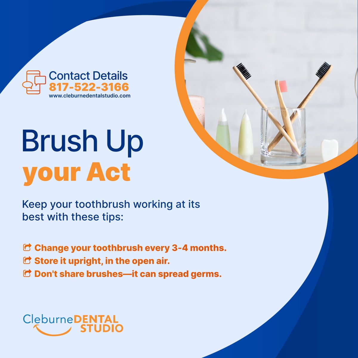 cleburnedntlstd's tweet image. Boost your toothbrush&apos;s performance with these simple rules: change it quarterly, store it upright in the open air, and keep it to yourself to prevent germ sharing.

#DentalCare #ToothbrushPerformance #CleburneTX