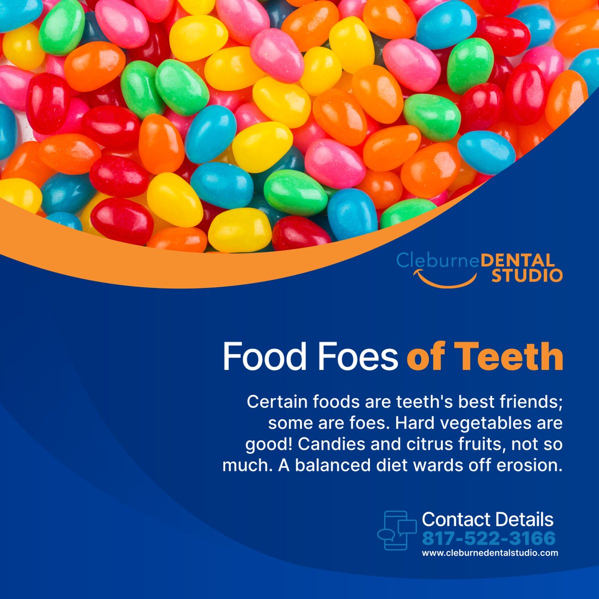 cleburnedntlstd's tweet image. For healthy teeth, choose your diet wisely. Candies and citrus fruits can wear down your enamel—a balanced diet guards against erosion. Learn more here: tinyurl.com/4nr8bktp.

#FoodFoes #CleburneTX #DentalCare