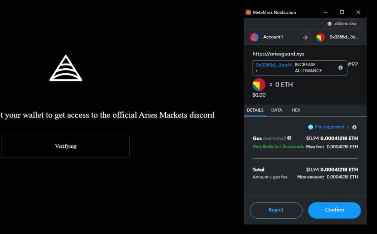 Fucking scammers from <a href="/AriesMarkets/">Aries Markets</a> . I just tried to enter their Discord server to solve my problem, but their verification system asks you to connect your wallet and allow them to spend your money. Be careful!!!