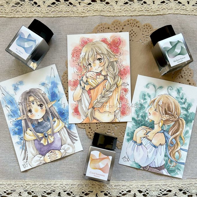 エルフシリーズフレームレス原画、3枚無事完成致しました!
背景はSAILORのボトルインク3色のみで着彩しております(ラメのキラキラが写らない〜🥲)
サイズはL判サイズ。
明日の #ホイップフェス にて販売開始!

リプ欄にそれぞれアップでご紹介します🙌🏻 