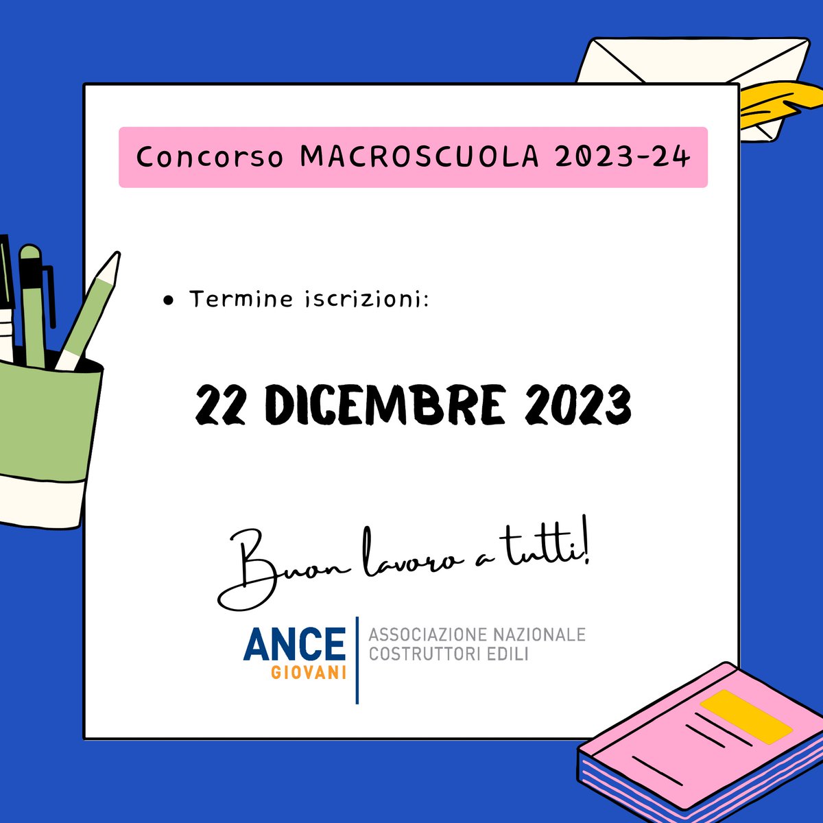 ANCEgiovani's tweet photo. Ultimi giorni per aderire allâedizione 2023-24 del concorso di idee #MACROSCUOLA
Siamo impazienti, anche questâanno, di ricevere i progetti dei ragazzi e di conoscere le loro idee in tema di #rigenerazione #infrastrutturesportive e #sostenibilitĂ https://t.co/qnHDDywaCD