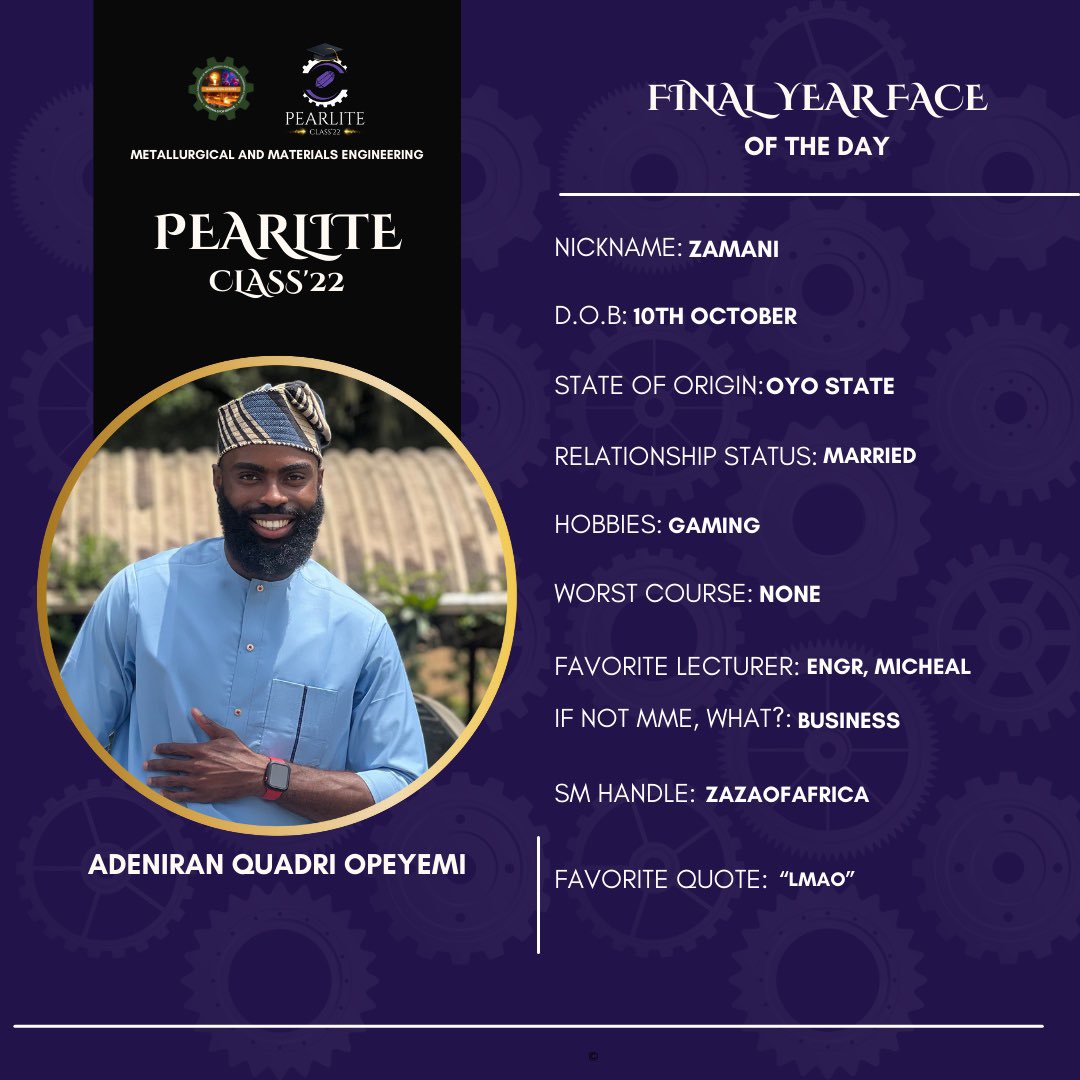 ADENIRAN QUADRI🔆
Zamani is such an incredible friend! He has a real passion for business and always brings a positive energy to any team he's a part of.

#ThePearliteoftheday #ClassOf2022 #GraduationPride' #MME22