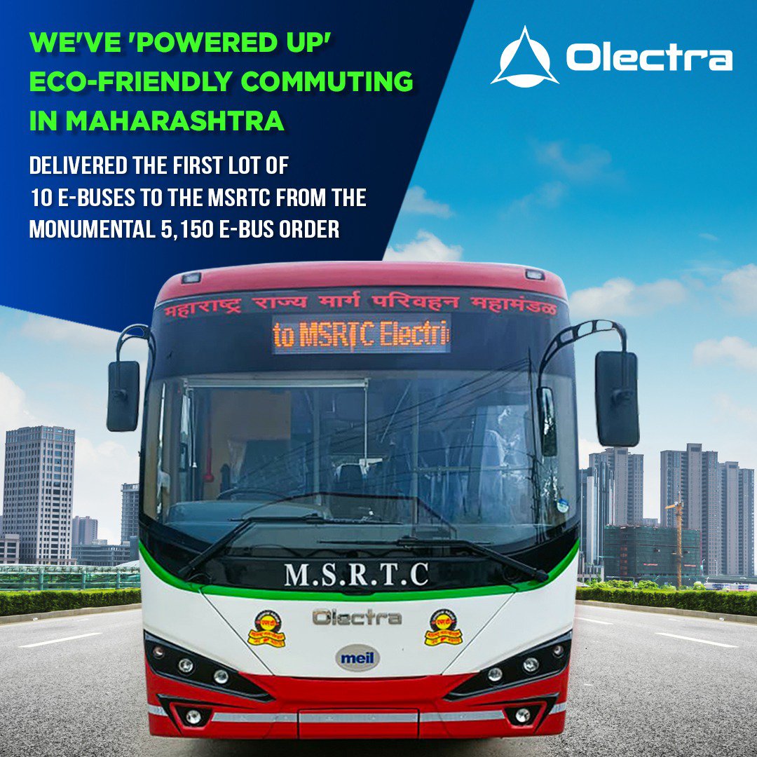 OlectraOfficial's tweet photo. #Olectra delivered the first batch of 10 #ebuses part of the #MSRTC 5,150 e-buses order. These #zeroemission e-buses promise #passengers a smoother, #quieter, #greenercommute. #Transport #MadeInIndia #ElectricVehicles #India #Maharashtra #ClimateAction #Hyderabad https://t.co/lJGUFm8Qoo