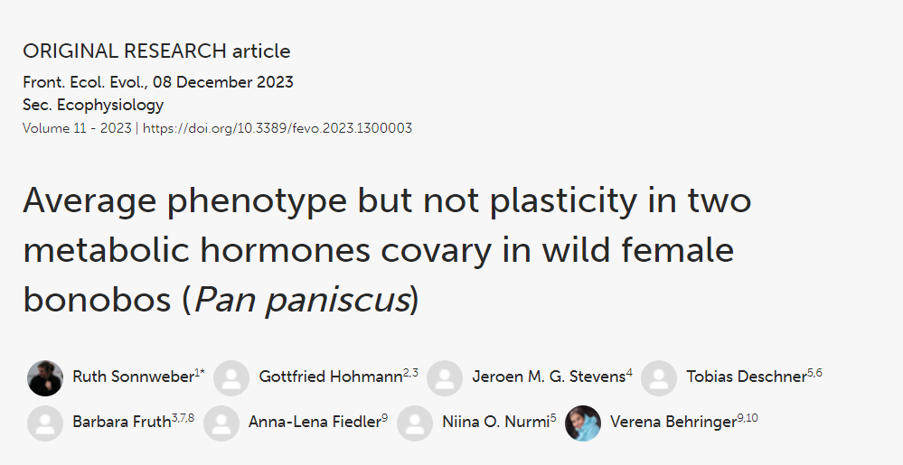 Paper alert: 'Average phenotype but not plasticity in two metabolic hormones covary in wild female bonobos (Pan paniscus)' appeared in #FrontEcolEvol. I love this result from a fruitful collaboration with lead author Ruth Sonnweber, and various co-authors.