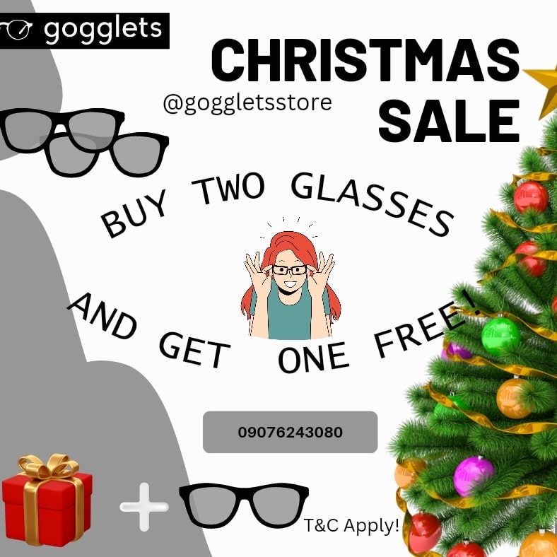 Gogglets1's tweet photo. Christmas Sale⛄🎄🥳🥳🥳💃🏽

Buy TWO Anti-Blue Ray glasses and get ONE FREE! 

Bonus: Free Strap for your eyeglasses

Yes, you read it well! 
Offer ends while stock lasts! 
Terms and Conditions Apply! 

Call Funke now 09076243080 or send a WhatsApp message: https://t.co/h6BAK8Wfe2 https://t.co/2q3Y2EG7hU