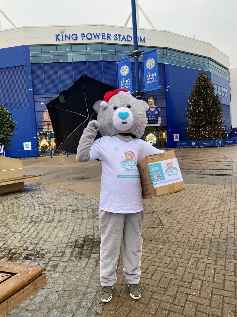 CSupportUK's tweet photo. Our Cuddles Bear received a warm welcome yesterday from nursing staff @Leic_hospital - Cuddles &amp; elf helper Charlotte delivered 48 sensory bears for children being treated for #cancer  He also posed for a quick photo outside @LCFC #CancerSupport #Christmas #Cuddlesforchristmas https://t.co/dm0igxlhv3