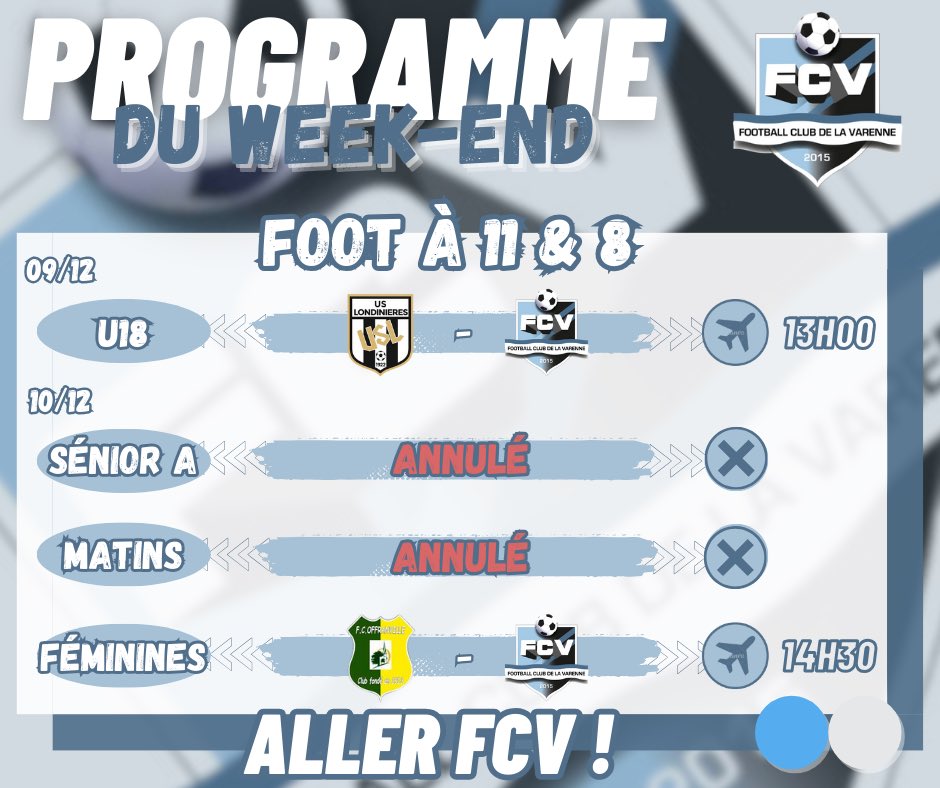 𝐏𝐫𝐨𝐠𝐫𝐚𝐦𝐦𝐞 𝐝𝐮 𝐰𝐞𝐞𝐤-𝐞𝐧𝐝 !

➡️ Les U13 et les U15 se déplacent ce week-end, tout comme les féminines qui iront jouer à Offranville pour garder la tête du championnat !

📊 Les U18 vont à Londinières pour la course à la montee toujours !

🔵⚪️