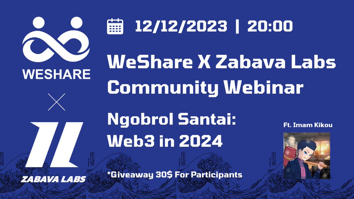 WeShare (@wesharedao) on Twitter photo WeShare is hosting a Community Webinar with <a href="/ZabavaLabs/">Zabava Labs</a> Next Tuesday!
A Chill Conversation with Imam Kikou about Web3 in 2024 as a whole, Be Sure to Tune In 😉
Webinar will be hosted at Zabava's Discord discord.com/invite/whBfsdG…
30$ Giveaway for 3 Participants. Feel free to WeShare is hosting a Community Webinar with <a href="/ZabavaLabs/">Zabava Labs</a> Next Tuesday!
A Chill Conversation with Imam Kikou about Web3 in 2024 as a whole, Be Sure to Tune In 😉
Webinar will be hosted at Zabava's Discord discord.com/invite/whBfsdG…
30$ Giveaway for 3 Participants. Feel free to