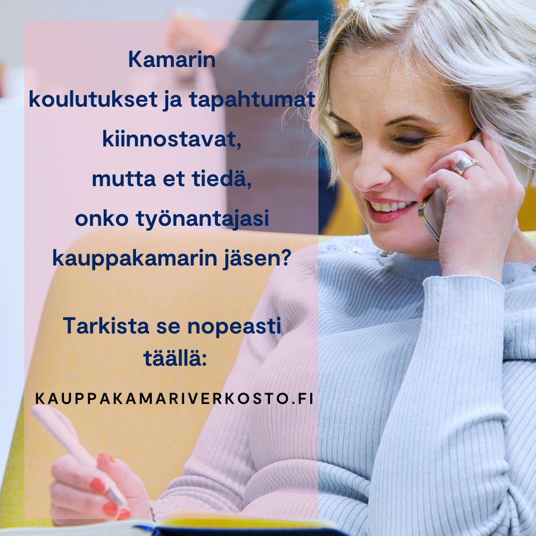 Haluaisitko osallistua kauppakamarin jäsentapahtumiin, mutta olet epävarma, onko yrityksesi kauppakamarin jäsen? Tarkista se vaivattomasti kauppakamariverkosto.fi -sivustolta! Lisäksi kauppakamarin jäsenyrityksen työntekijät ovat mm. oikeutettuja kouluttautumaan jäsenetuhinnalla.
