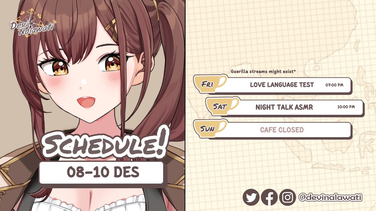 DeviNalawati's tweet photo. 【WEEKLY SCHEDULE】
PESAN AND IDE KONTEN KESINI:
https://t.co/cnK7zvmprX
☕️Hashtag!☕️
General • #Devinalawati
Live • #ViAir
Clips • #DevKlip
Fanart • #DeviArt
Memes • #WWWati
Fanname • #DeLatte https://t.co/7LutmnytGo
