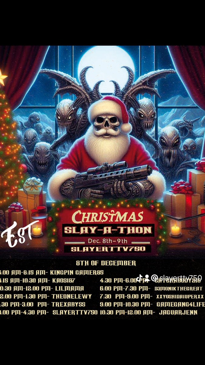 slayer2750's tweet photo. Day 1 of the slay-a-thon starts on twitch in an hour.
Hope to see you all there watching all these amazing content creators https://t.co/DvN925Pybm