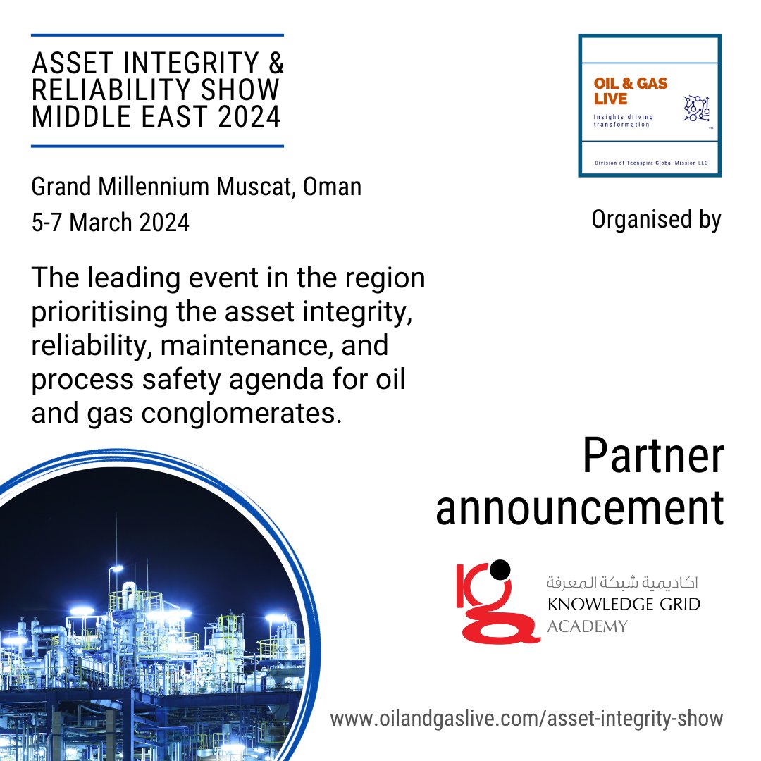 CXLiveTweets's tweet image. We are excited to welcome @knowledge_grid as our Knowledge Partner for the Asset Integrity and Reliability Show Middle East 2024 being held on 5-7 March in Muscat, Oman.

Register as a group: ow.ly/QBMh50PUrBS

#OilGasLiveTweets #AssetIntegrity #KnowledgeGrid