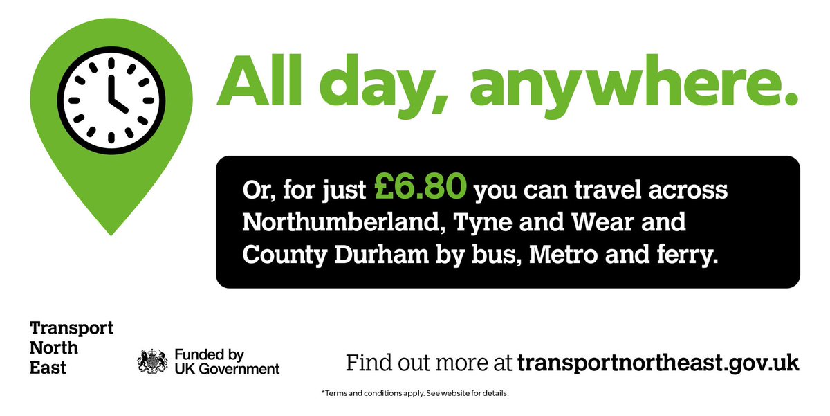 ALL DAY, ANYWHERE 🥳

Adults can now get a cheaper all-day bus ticket to use across the North East* – and you can use it on the Metro and Shields Ferry too!

For just £6.80 you can travel all day across Northumberland, Tyne and Wear, and County Durham on any bus, the Metro,