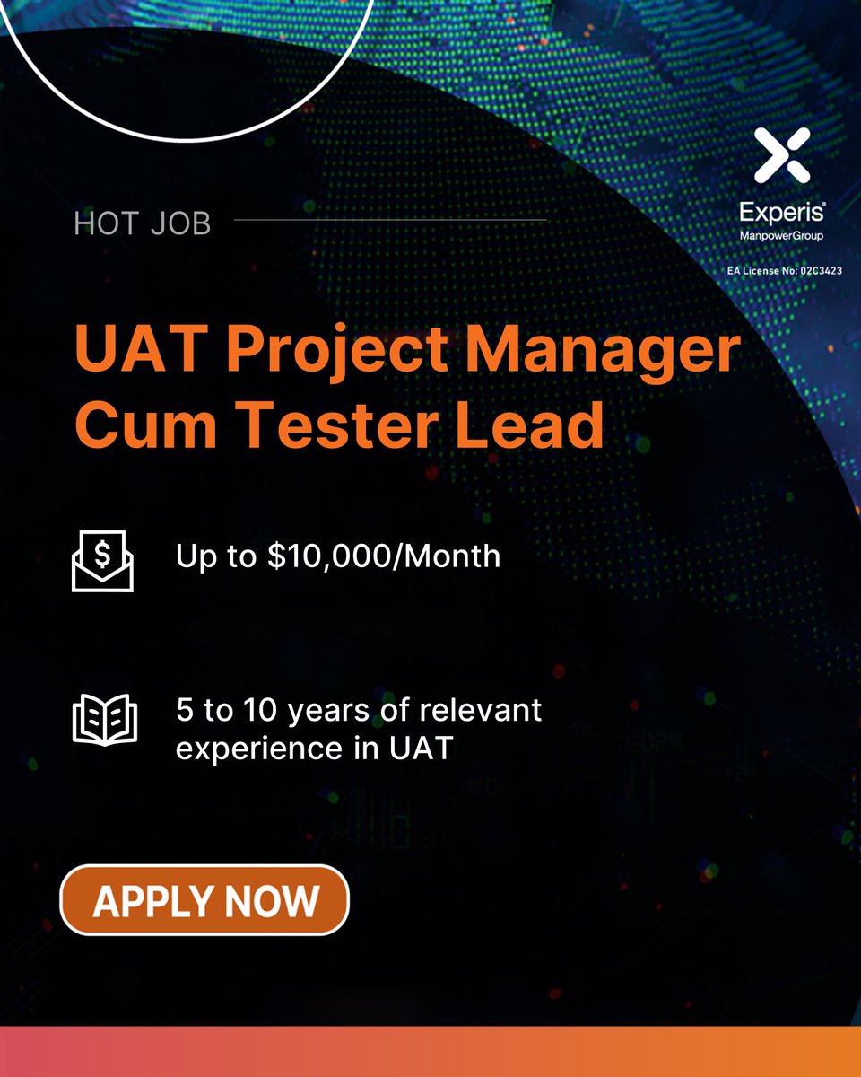 ExperisSG's tweet photo. 🔗𝙏𝙊 𝘼𝙋𝙋𝙇𝙔: https://t.co/3yKVLEiHTy

#UAT Project Manager Cum Tester Lead

 💰Up to $10,000/Month
➡️5 to 10 years of relevant experience in UAT
➡️Good facilitation, negotiation &amp; conflict resolution skills.

#ExperisJobs #jobsearch #IT https://t.co/cOy8d6ztMt