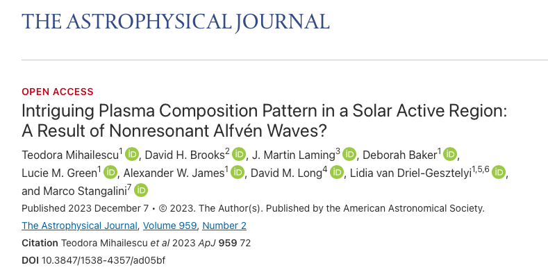 New paper alert!☀️ We used Hinode/EIS observations along with simulations of the ponderomotive force to explore links between plasma composition and Alfvén wave activity in a solar active region. The paper has just been published in ApJ: iopscience.iop.org/article/10.384…